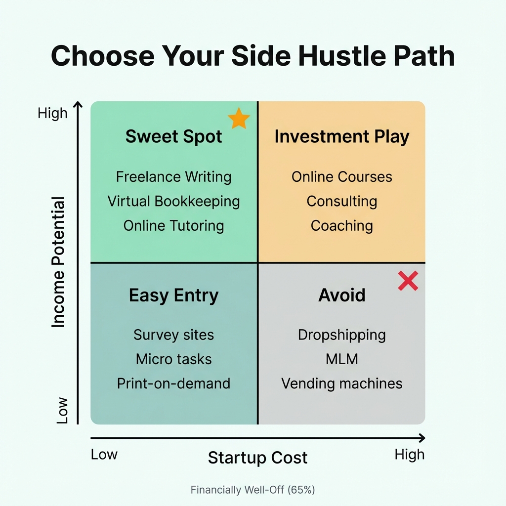 Side hustle decision matrix comparing startup cost vs income potential - highlighting the sweet spot of low-cost high-income hustles
