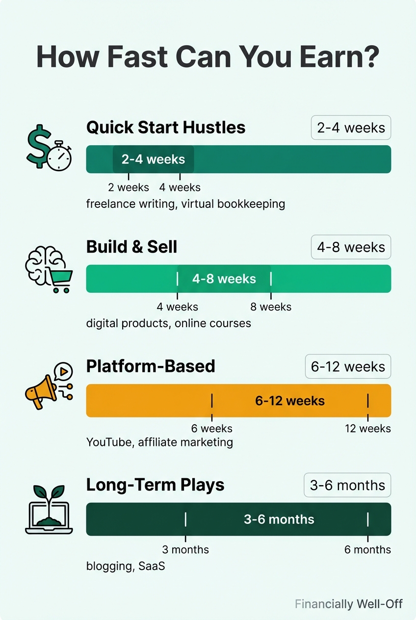 Comparison chart showing time to first dollar for different side hustle categories - from 2-4 weeks for quick start hustles to 3-6 months for long-term plays