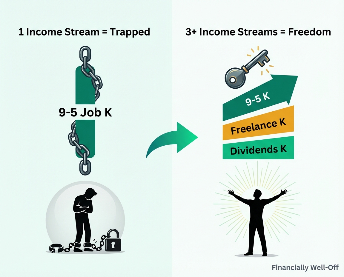 Comparison showing one income stream equals being trapped versus multiple income streams creating freedom