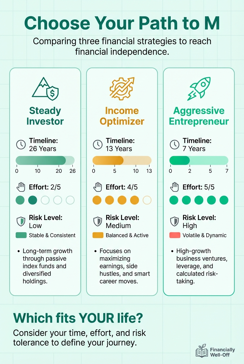 Side-by-side comparison of three wealth-building strategies: Steady Investor (26 years, low risk), Income Optimizer (13 years, medium risk), and Aggressive Entrepreneur (7 years, high risk)